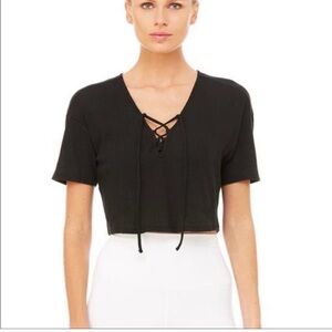 ALO yoga ribbed crop top with lace up front V neck size medium